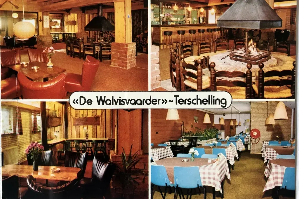 Een collage van vier foto's van een restaurant genaamd de walvisvoorder