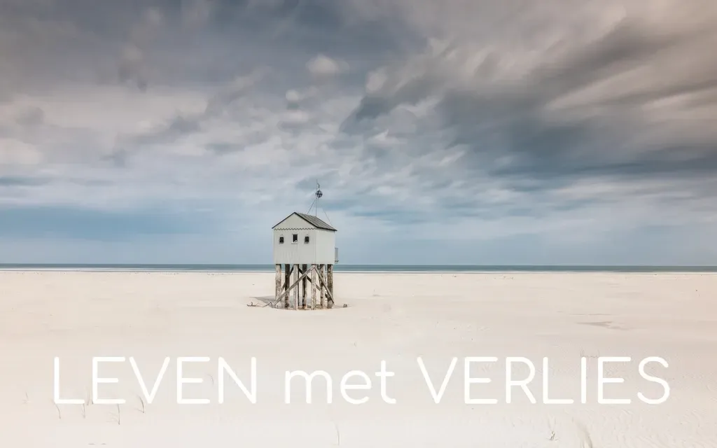 Een klein huisje op palen op een strand met de woorden leven met verlies eronder