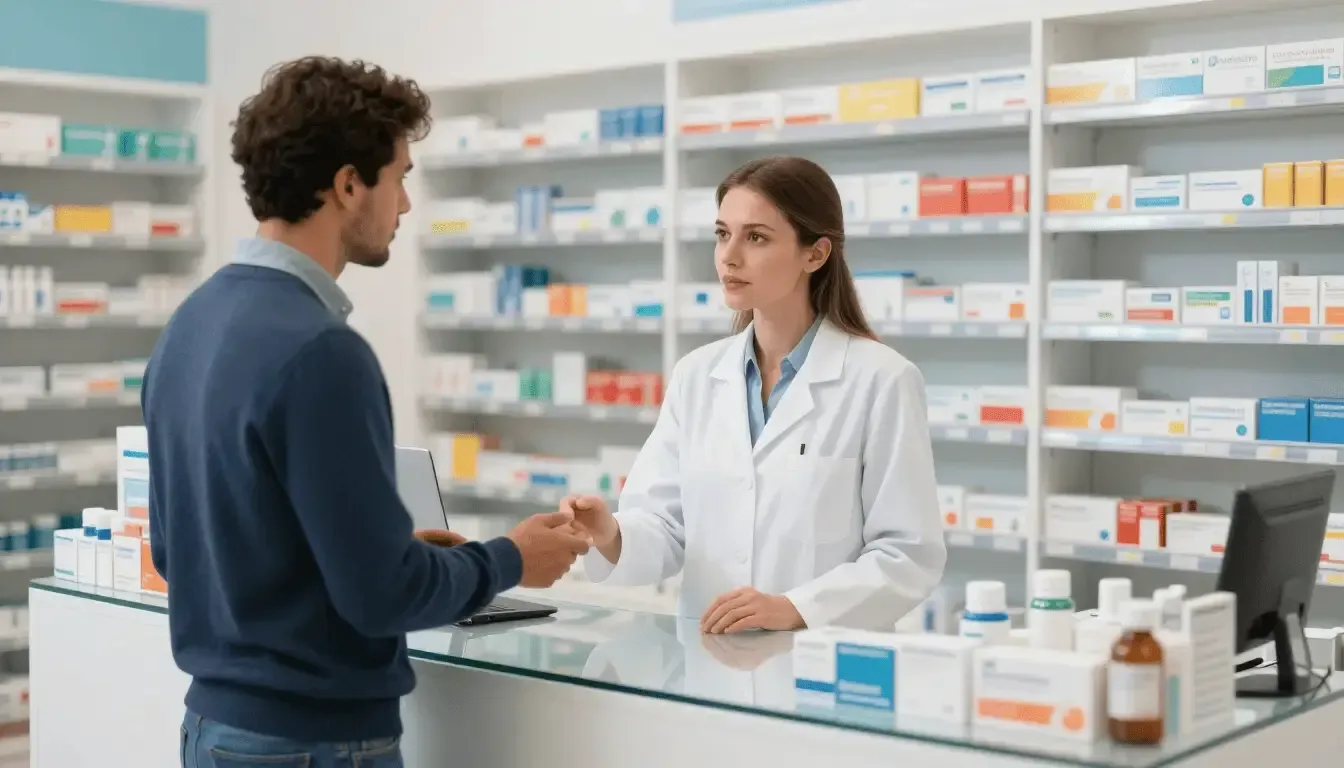 Un cliente habla con un farmacéutico en el mostrador de una farmacia, con estantes de medicamentos al fondo.
