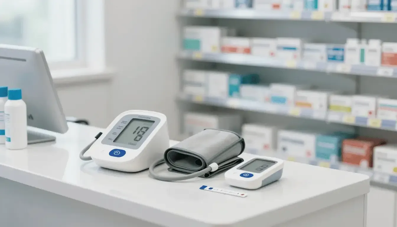 Monitor digital de presión arterial y brazalete sobre el mostrador de una farmacia con estantes de medicamentos al fondo.