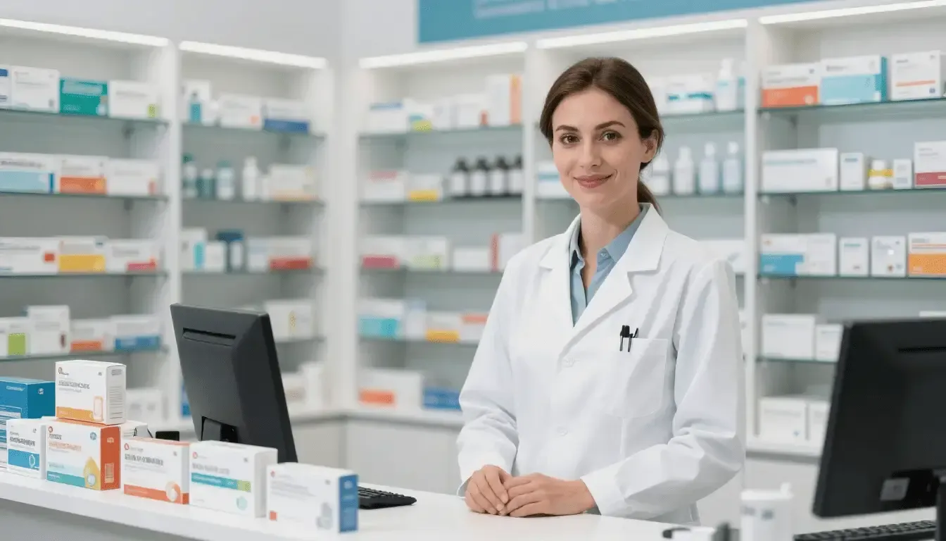 Mostrador de farmacia con una farmacéutica sonriente con bata blanca, estantes de medicamentos detrás de ella.