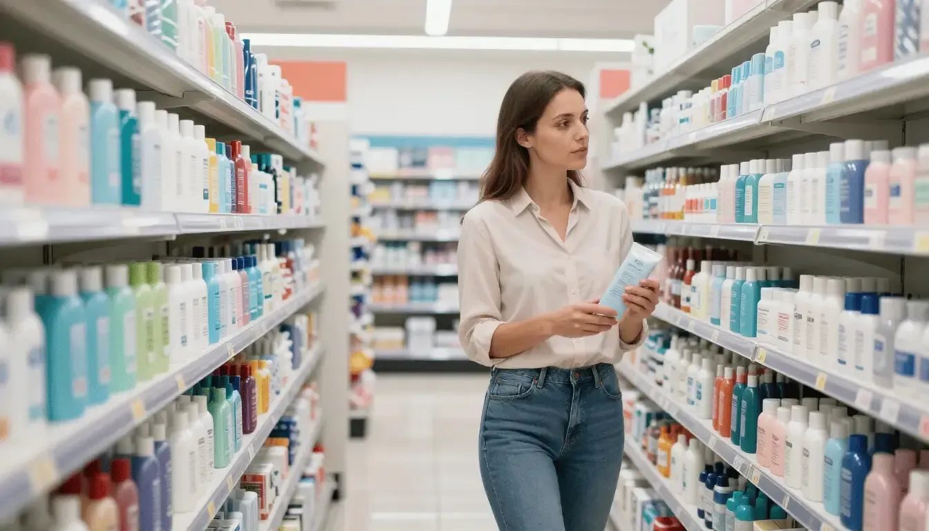 Una mujer compra artículos de aseo personal en el pasillo de una farmacia, leyendo la etiqueta de un producto.
