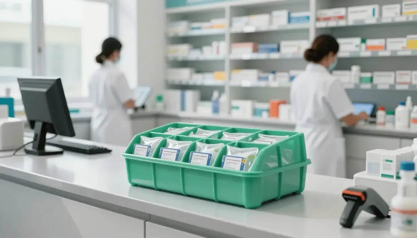 Mostrador de farmacia con contenedores verdes para medicamentos y farmacéuticos con batas blancas reponiendo los estantes.