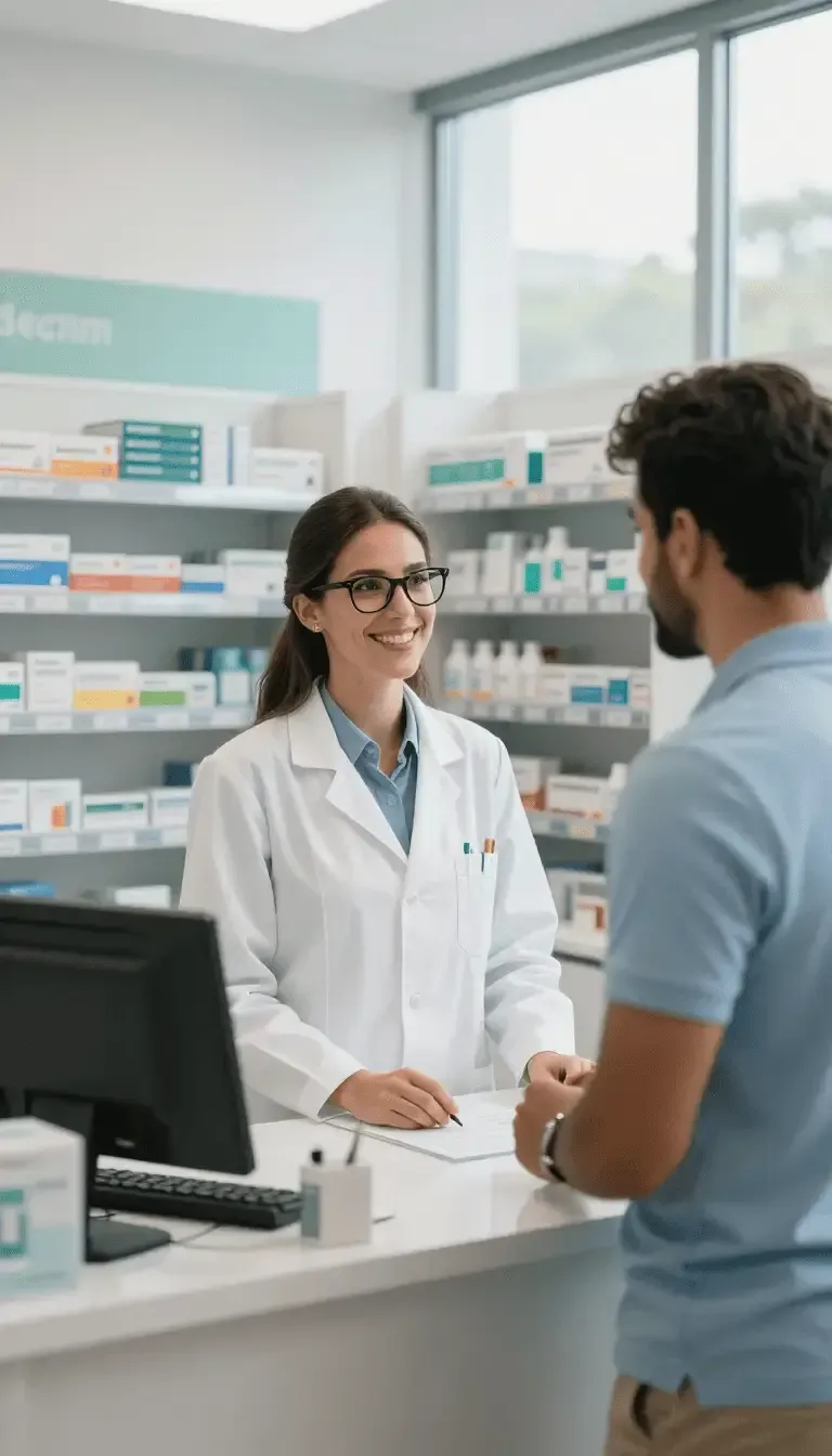 Farmacéutico con bata blanca atendiendo a un cliente en el mostrador de una farmacia con estantes de medicamentos detrás.