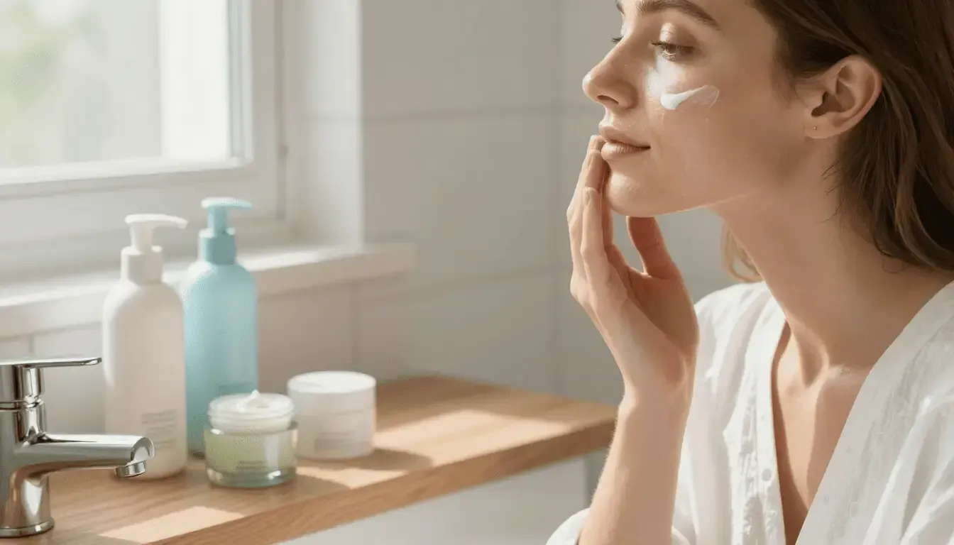 Una mujer se aplica crema facial junto a frascos de productos para el cuidado de la piel.