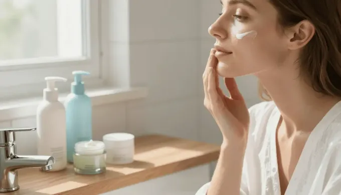 Una mujer se aplica crema facial junto a frascos de productos para el cuidado de la piel.