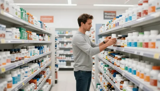 Un hombre coloca frascos de medicamentos de colores en los estantes de una farmacia, en un pasillo luminoso de la tienda.