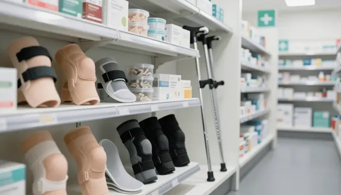 Estanterías llenas de rodilleras y vendajes en el pasillo de una farmacia.