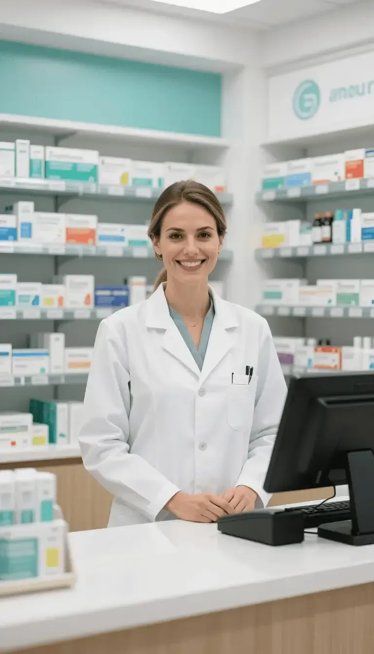 Farmacéutica sonriente con bata blanca en el mostrador de una farmacia con estantes de medicamentos detrás de ella.