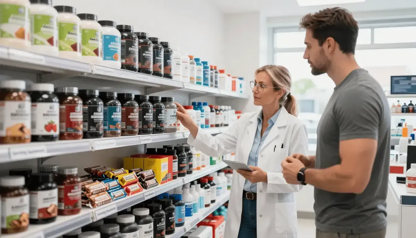 Farmacéutico mostrando suplementos a un cliente en un pasillo luminoso de la farmacia.