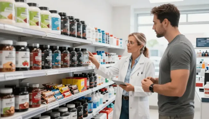 Farmacéutico mostrando suplementos a un cliente en un pasillo luminoso de la farmacia.