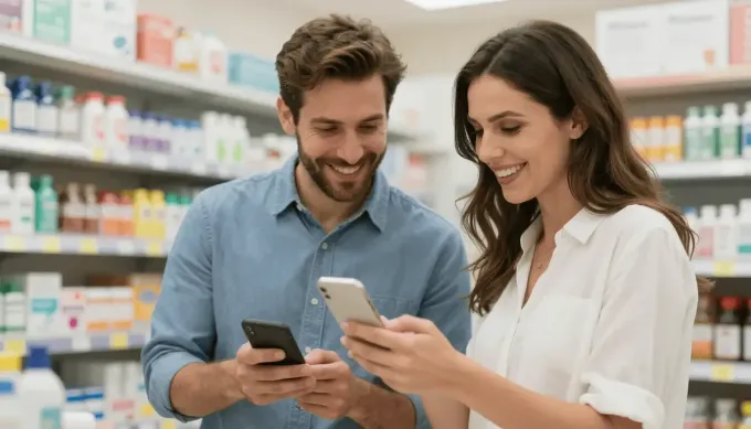 Dos clientes comparan precios de teléfonos inteligentes en el pasillo de una farmacia, sonriendo a sus pantallas.