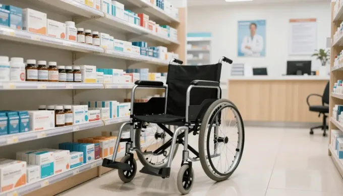 Silla de ruedas negra vacía en un pasillo de farmacia con estantes de medicamentos.
