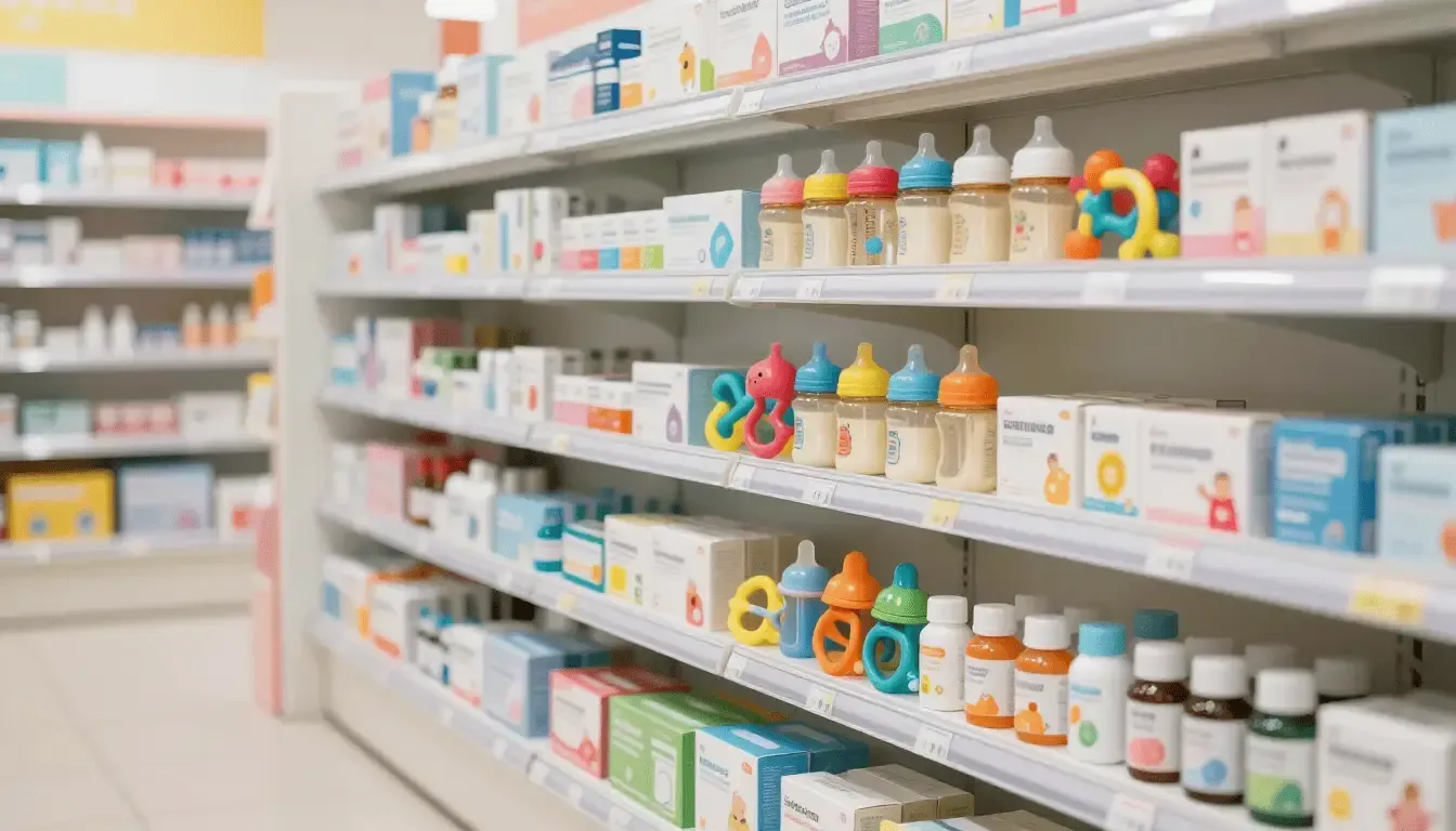 Un estante de farmacia con filas de biberones, frascos de medicamentos y productos en cajas.