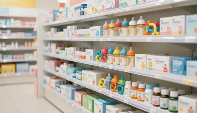 Un estante de farmacia con filas de biberones, frascos de medicamentos y productos en cajas.