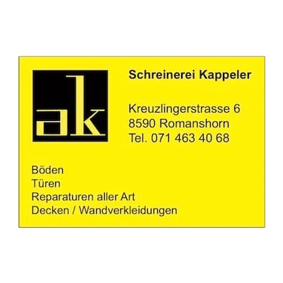 Gelbe Visitenkarte für die Schreinerei Kappeler mit schwarzem Logo und Kontaktdaten in Romanshorn.