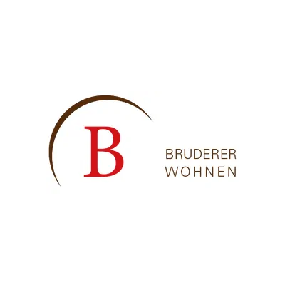 Bruderer Wohnen Logo mit rotem B und braunem Bogen auf weissem Hintergrund