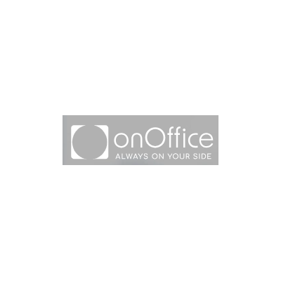 Graues onOffice-Logo mit dem Slogan „IMMER AN IHRER SEITE“