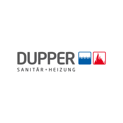 DUPPER-Logo mit „Sanitär·Heizung“ und blauen Wasser- und roten Flammensymbolen auf weissem Hintergrund