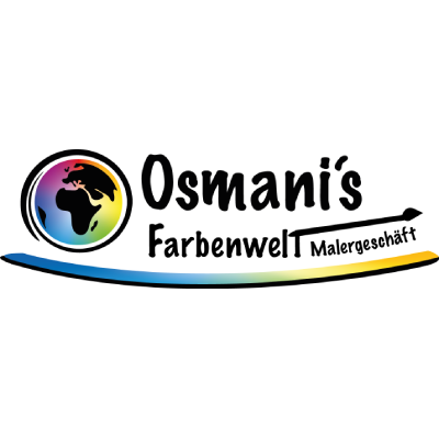 Logo für Osmanis Farbenwelt Malergeschäft mit buntem Globus und Pinselstrich.