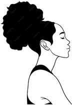 Schwarze Frau mit Afro im hohen Dutt, die Augen im Profil geschlossen.