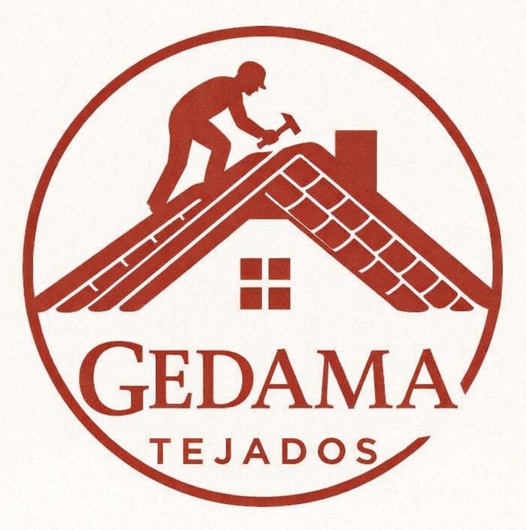 Un logotipo de color granate que muestra a una persona trabajando en un tejado, con el texto "JEDAMA TEJADOS" 