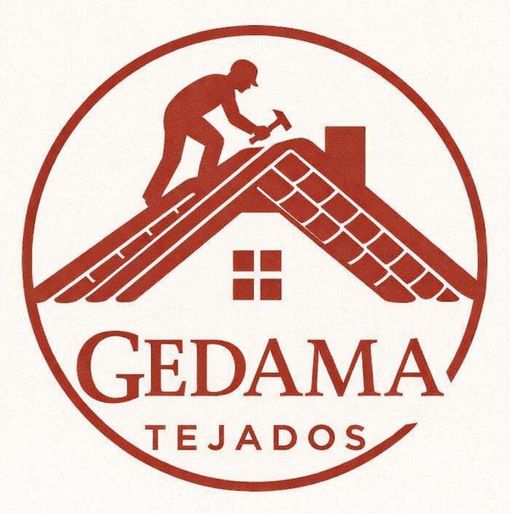 Un logotipo de color granate que muestra a una persona trabajando en un tejado, con el texto "JEDAMA TEJADOS"