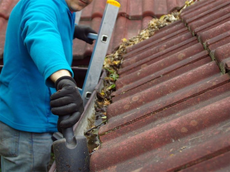 Una persona con camisa azul y guantes negros limpia los escombros de una canaleta del techo .