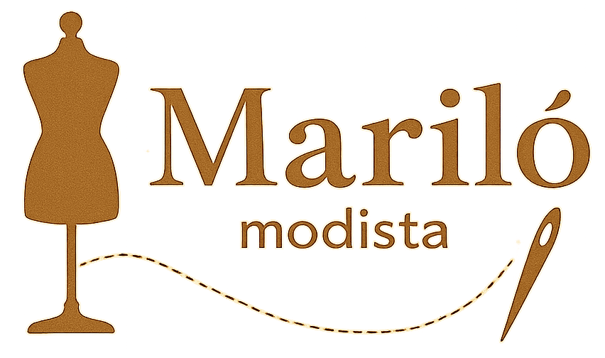 Logotipo para "Maril&oacute; modista", que incluye un maniqu&iacute;, texto y una aguja e hilo.
