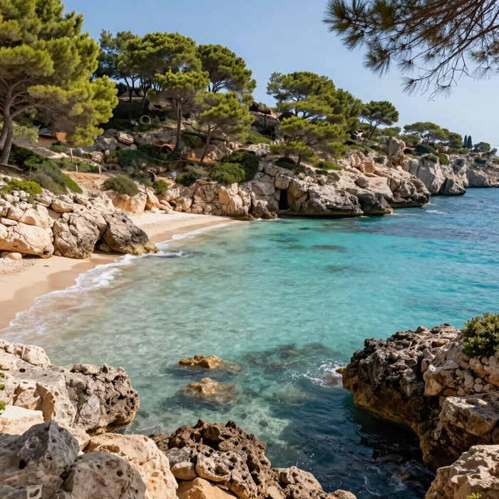 Cala rocosa con aguas turquesas, playa de arena y acantilados cubiertos de pinos bajo un cielo despejado.