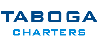 Logotipo de Taboga Charters con texto azul sobre fondo blanco.