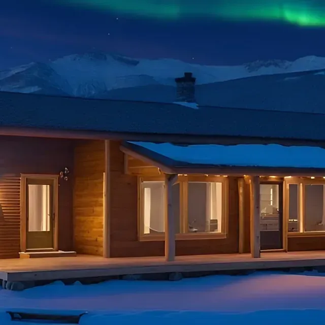 Holzhütte mit beleuchteten Fenstern, Schnee und Nordlichtern, die am Himmel tanzen.