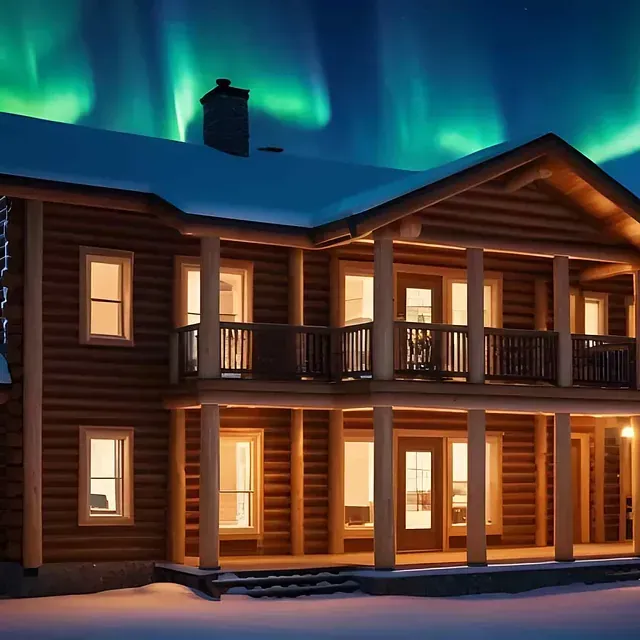 Blockhüttenhaus unter leuchtenden Nordlichtern.