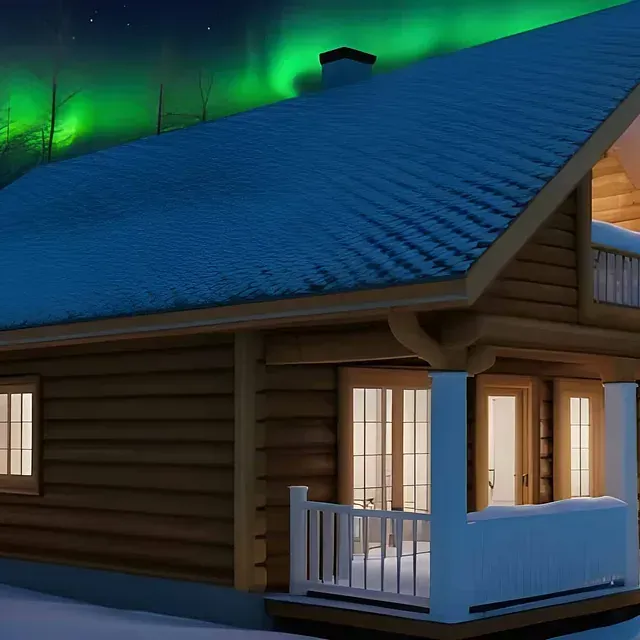 Eine Hütte im Schnee mit dem grün leuchtenden Nordlicht im Hintergrund.