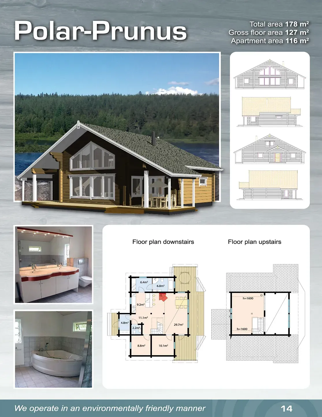 Seite aus einem Architekturkatalog, die das Polar-Prunus-Haus präsentiert, mit einem Foto des Hauses, Grundrissen und Bildern des Badezimmers.