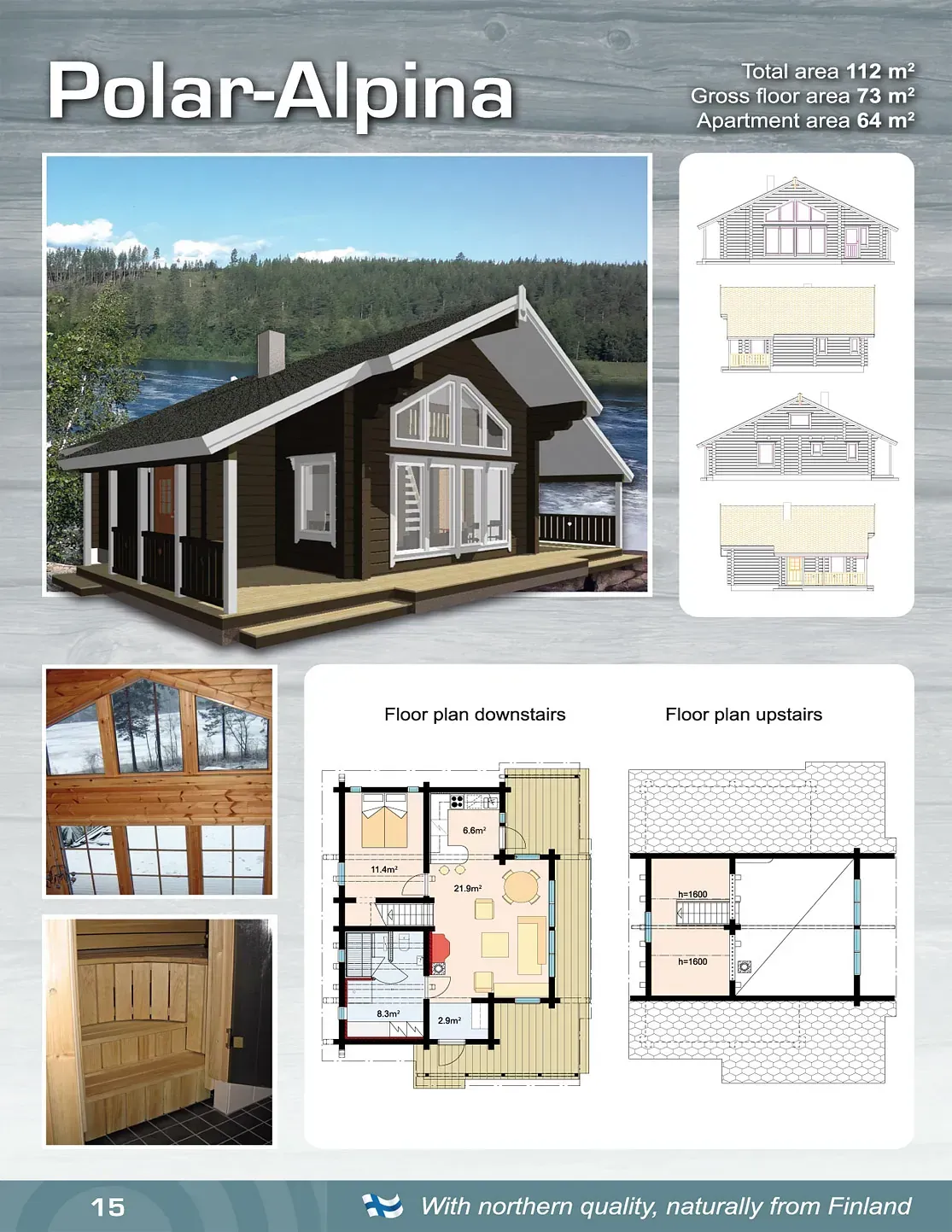 En hyttedesign merket «Polar-Alpina» med plantegninger, utsikt og interiørdetaljer.