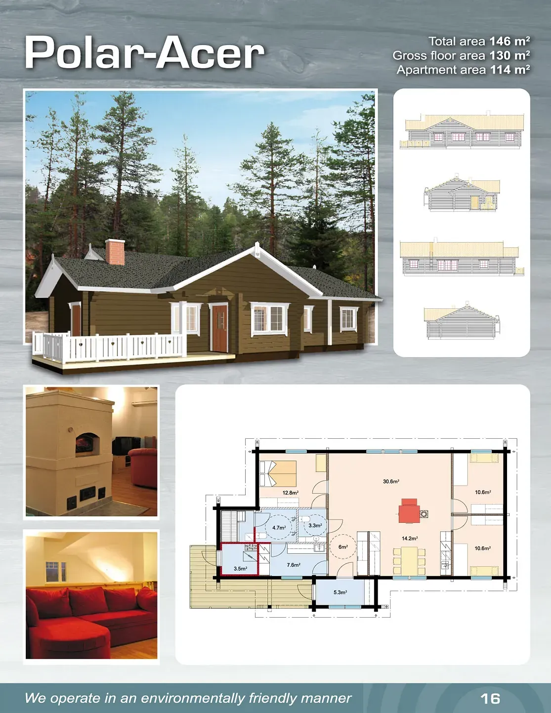 Polar-Acer-Hausplan mit Außen- und Grundriss im Hüttenstil, mit Waldkulisse, gemauertem Kamin und rotem Sofa.