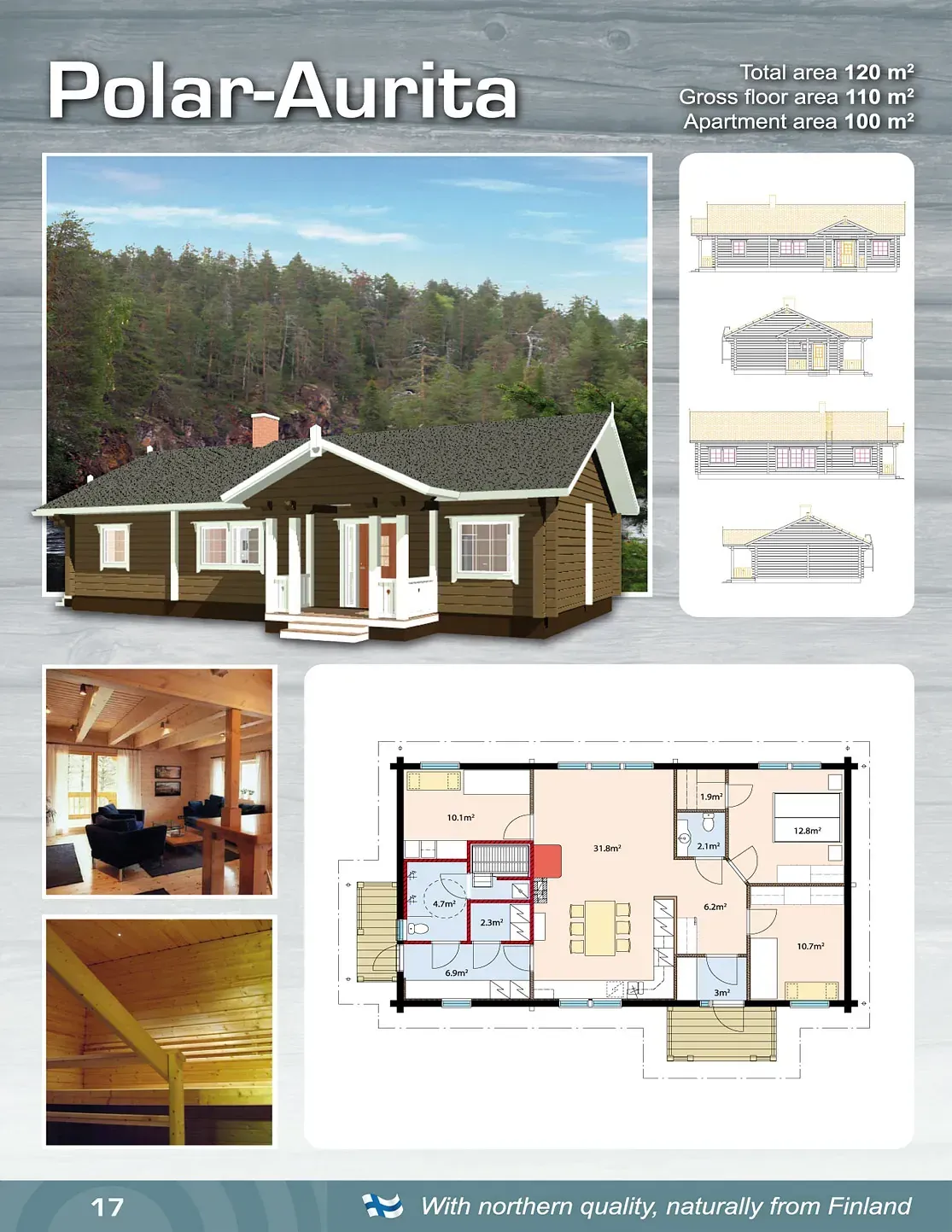 Blockhaus „Polar-Aurita“ mit Innenansichten und Grundriss, braun und weiß.