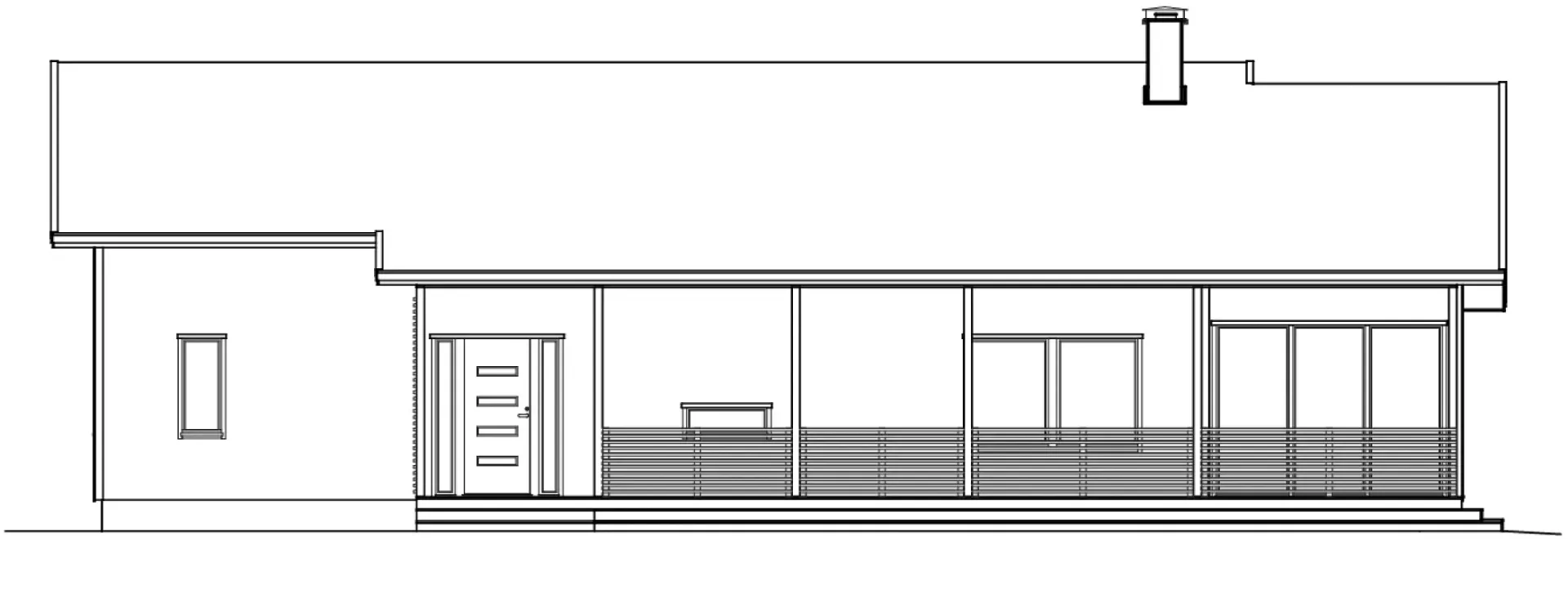 Architektonische Ansicht eines modernen Hauses mit Veranda und großen Fenstern.