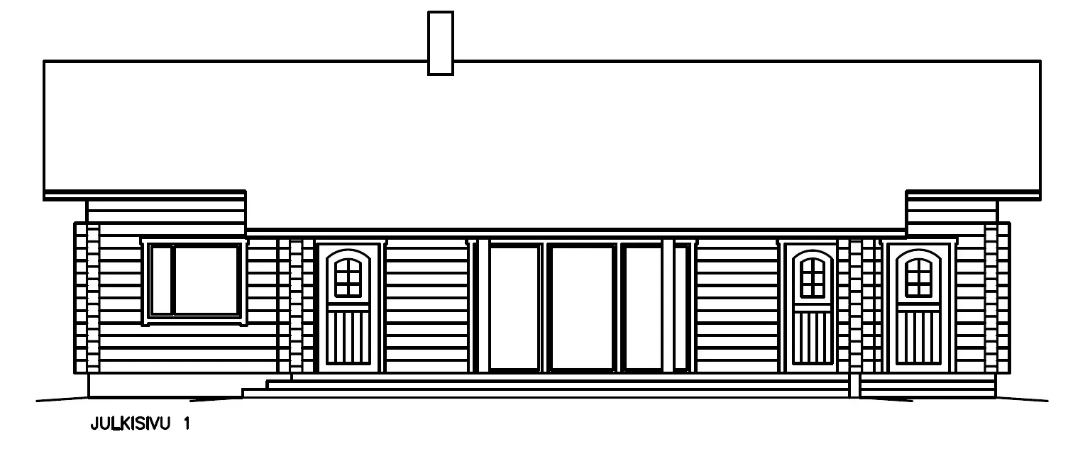 Aufrisszeichnung einer Holzhütte mit Türen, Fenstern und einem Schornstein.