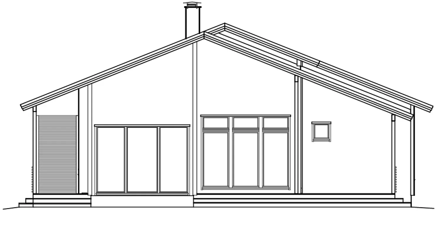 Seitenansicht eines modernen Hauses mit Schrägdach, Fenstern und Schornstein.
