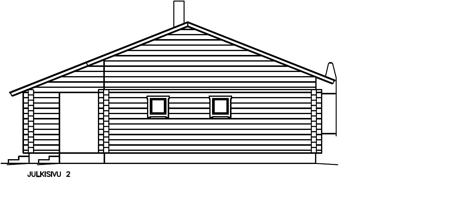 Seitenansicht einer Holzhütte mit Tür, Fenstern und Schornstein.