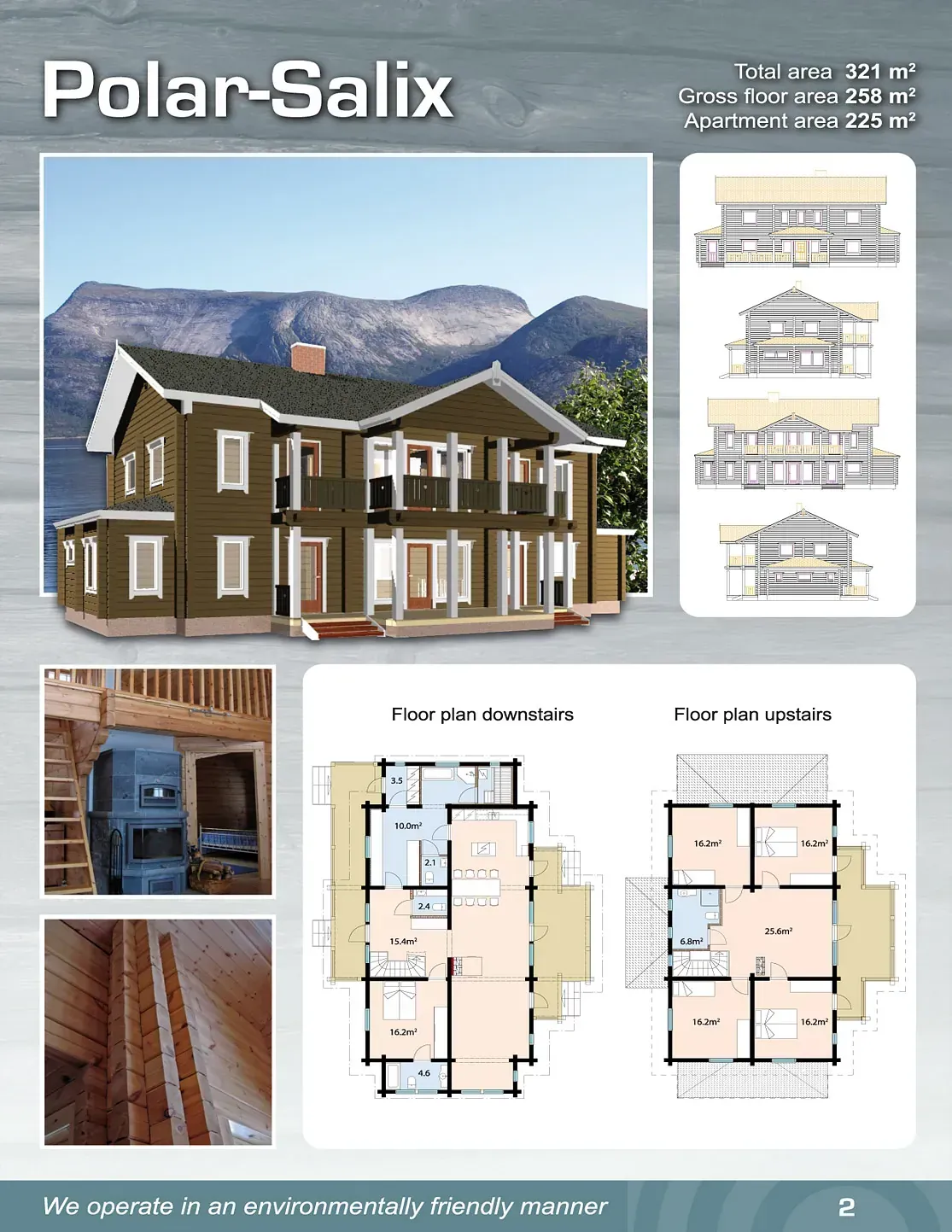 Hausplan aus Polar-Salix. Braune Außenfassade, Grundrisse, Innenaufnahmen. Bergkulisse.