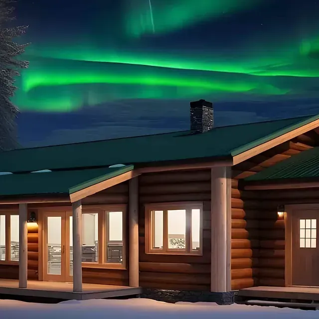 Blockhütte unter leuchtend grünem Polarlicht in einer verschneiten Landschaft.