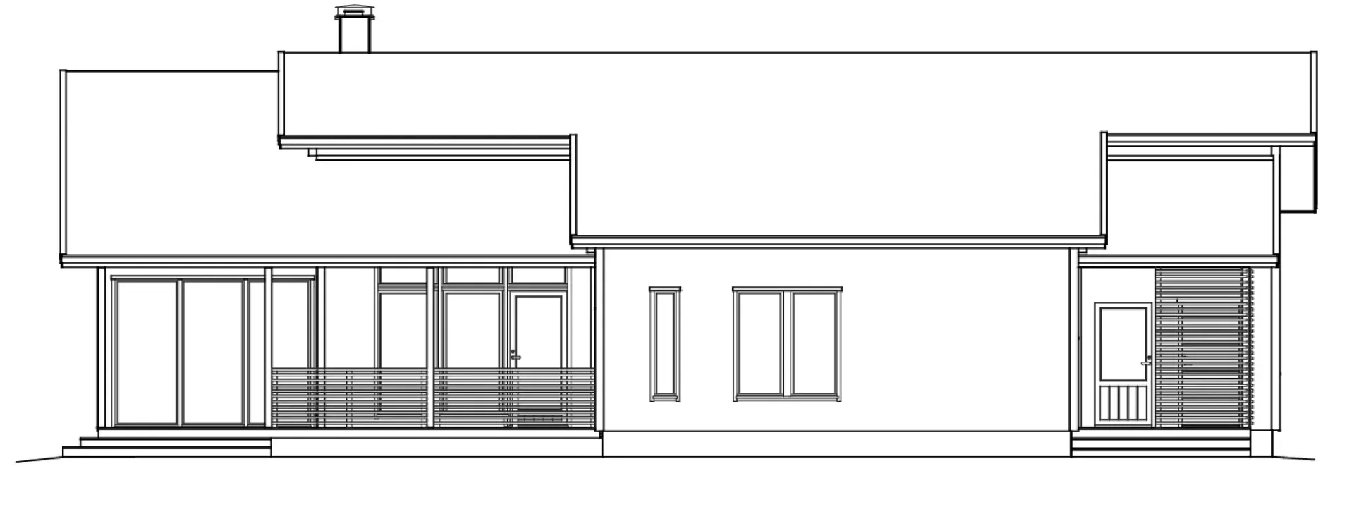 Architektonische Ansicht eines modernen Hauses mit großen Fenstern und einem Schornstein.