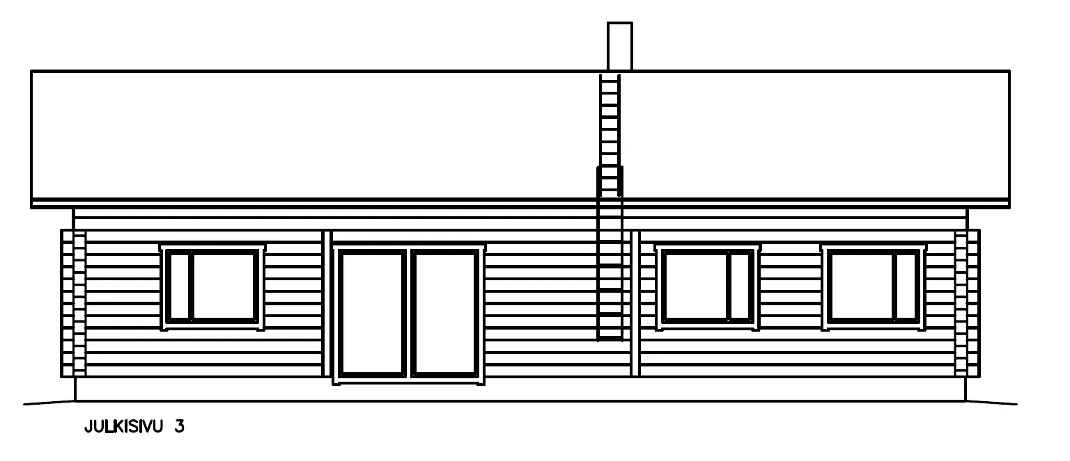 Aufrisszeichnung einer einstöckigen Blockhütte mit Kamin, Fenstern und Glasschiebetüren.