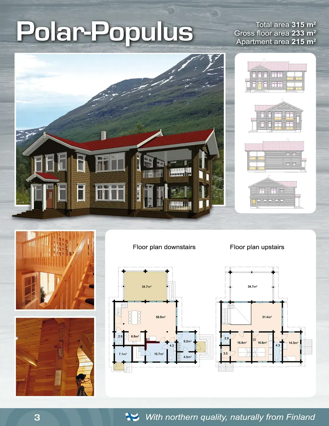 Werbung für ein Holzhaus, „Polar-Populus“, mit Architekturplänen und Innenansichten.