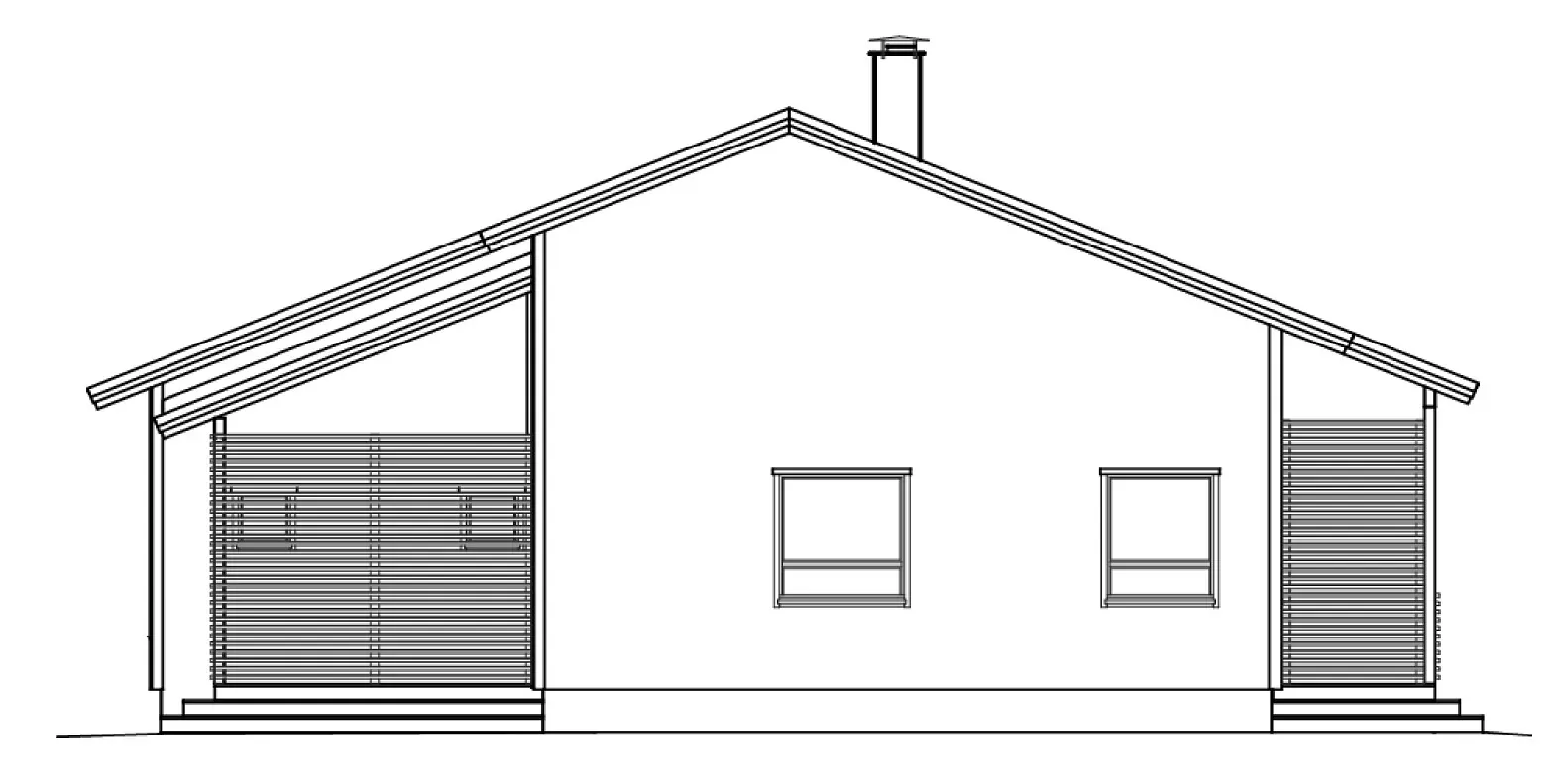Seitenansicht eines Hauses mit Satteldach, Schornstein und geschlossenen Veranden auf beiden Seiten.