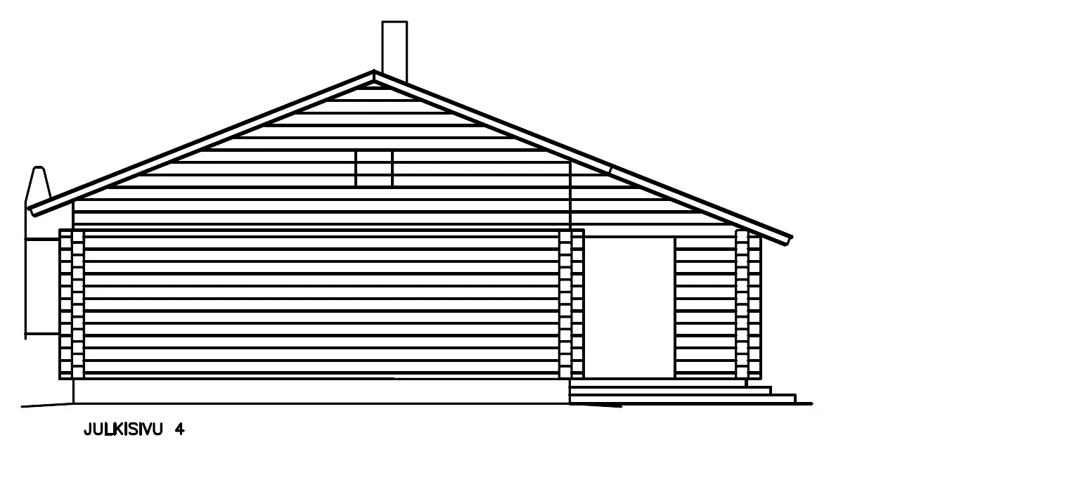 Seitenansicht einer Blockhütte mit Tür, Kamin und kleinem Fenster.