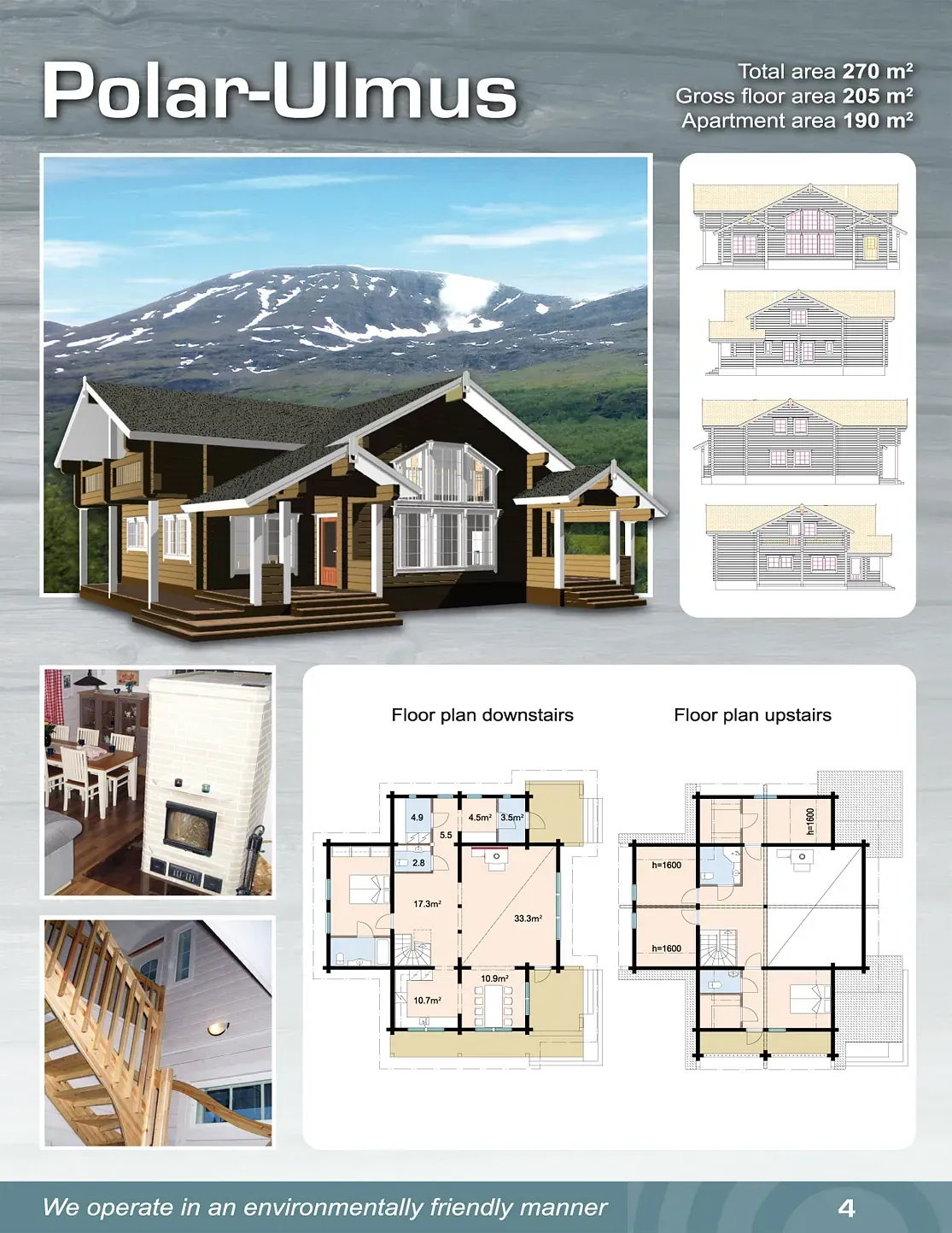 Arkitektonisk brosjyre for Polar-Ulmus-huset: utvendig utsikt, plantegninger og interiørdetaljer.